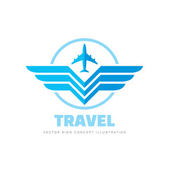 Air travel - concept business logo template vector illustration. Airplane and wings creative sign. Graphic design elements. 