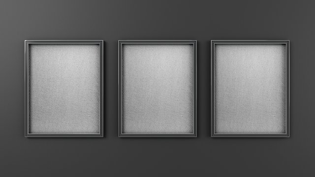 three Empty modern art frame mockup on grew wall 3d render