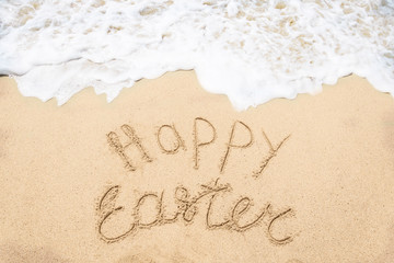 Happy easter lettering background on the sandy beach