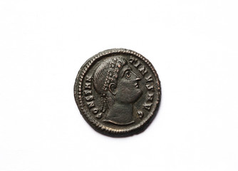 Ancient roman coin with portrait of emperor isolated on white