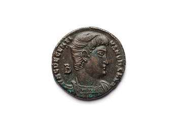 Ancient roman coin with portrait of emperor isolated on white