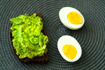 Healthy breakfast. Sandwich with avocado and egg. Closeup