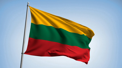 Fototapeta na wymiar Waving Lithuanian flag on the flagpole. Republic of Lithuania - colors of the flag. Illustration