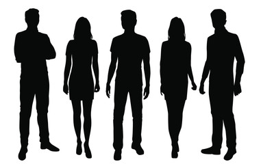 Set of  vector silhouettes  men and women, business people group, different poses,  black color, isolated on white background