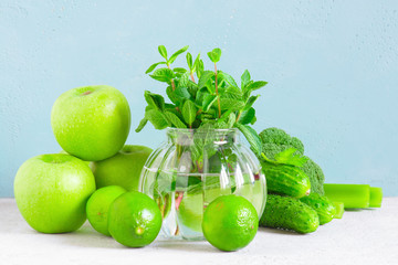 Fresh green vegetables and fruits for healthy eating
