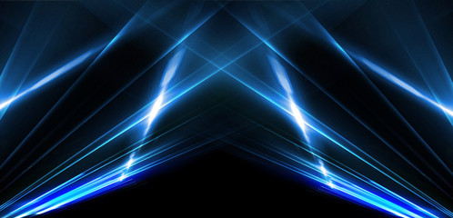 Abstract blue background with lines and rays of neon light. Reflection in space of symmetry. Abstract tunnel in motion.