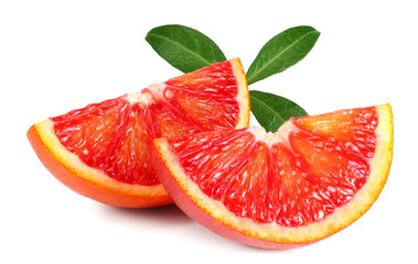Slice of red blood orange with leaf isolated on white background