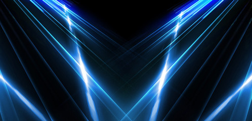 Abstract blue background with lines and rays of neon light. Reflection in space of symmetry. Abstract tunnel in motion.