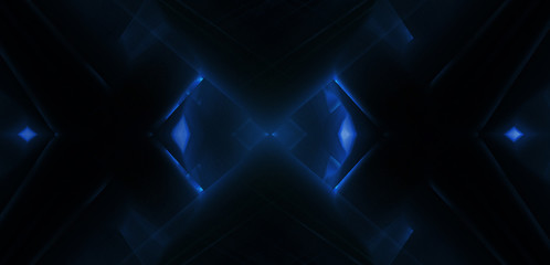 Abstract blue background with lines and rays of neon light. Reflection in space of symmetry. Abstract tunnel in motion.