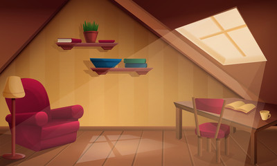 cozy wooden attic room cartoon, vector illustration © MKavalenkau