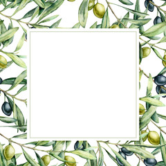 Watercolor olive branch delicate card. Hand painted olives on branch isolated on white background. Floral botanical illustration for design, print.