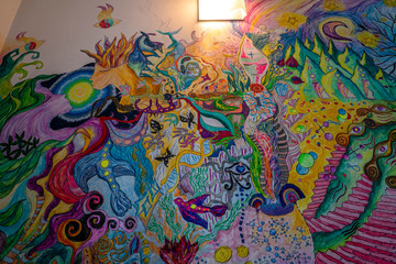 Imaginary world wall painting. Fantastic magic concept. Fantasy fairy tells in creative wonder style of imaginary mystic world