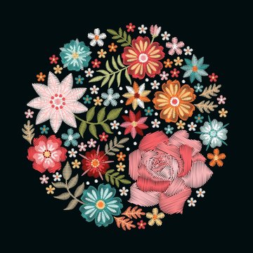 Embroidery pattern with beautiful flowers in the form of rosette. Colorful bouquet on black background. Floral vector illustration.