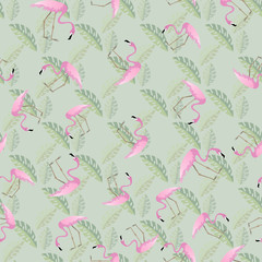 Beautiful seamless pattern of pink flamingos and bright palm leaves