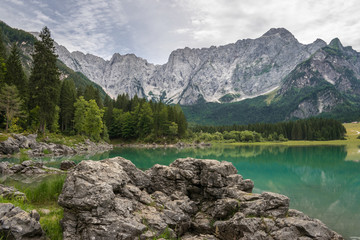 Upper Fusine Lake in northeastern Italy with beautiful turquoise color of the water