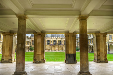 The Hall at one side of the Great Court of Trinity College, part of Cambridge University. Built at the end of the 16th century, this Jacobean building is used for dining