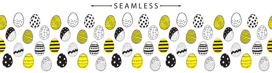 Vector horizontal seamless border with easter eggs doodles