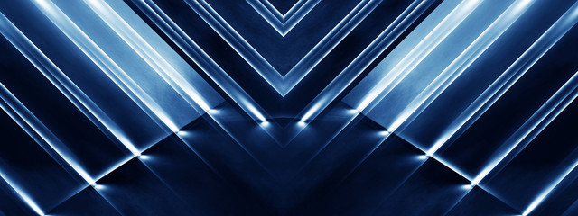 Abstract blue background with lines and rays of neon light. Reflection in space of symmetry. Abstract tunnel in motion.