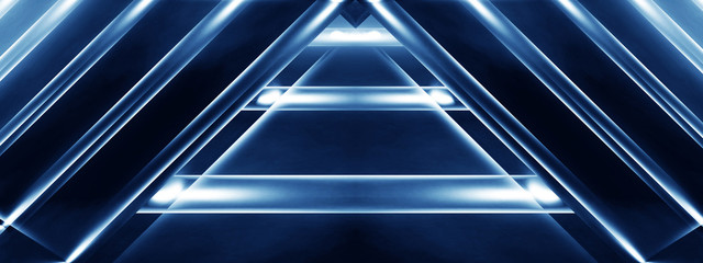 Abstract blue background with lines and rays of neon light. Reflection in space of symmetry. Abstract tunnel in motion.