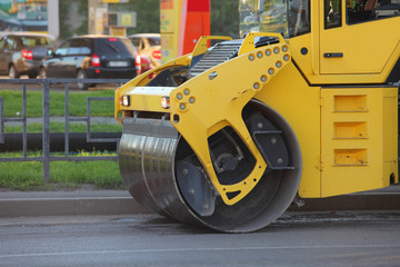 Road roller in a new road highway construction