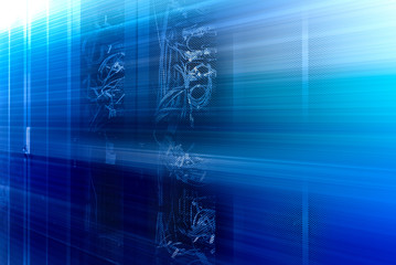 Fantastic view of network server room with racks in big data center. Blurred Datacentre interface and equipment.