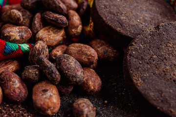 Cocoa and mexican chocolate close-up, extracted manually from the cacao beans or cacao nibs in Oaxaca