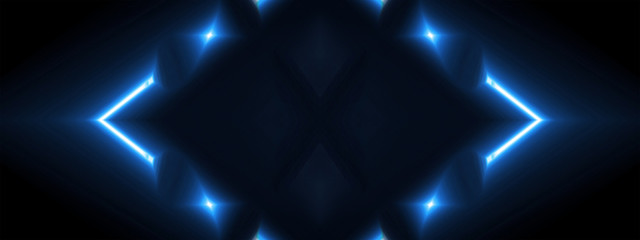 Abstract blue background with lines and rays of neon light. Reflection in space of symmetry. Abstract tunnel in motion.