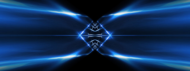 Abstract blue background with lines and rays of neon light. Reflection in space of symmetry. Abstract tunnel in motion.