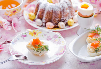 Easter breakfast.Cake and eggs with salmon