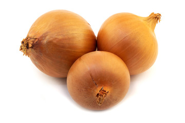 three onion bulbs isolated on white background