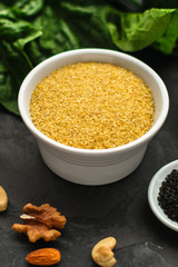 bulgur. porridge, fine grain milling and other ingredients - the concept of a healthy lifestyle. food background. top image
