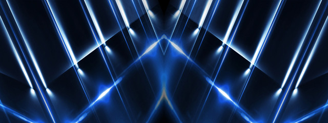 Abstract blue background with lines and rays of neon light. Reflection in space of symmetry. Abstract tunnel in motion.