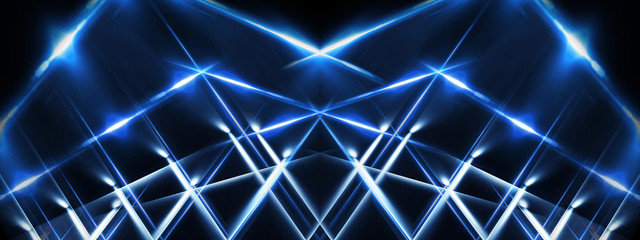 Abstract blue background with lines and rays of neon light. Reflection in space of symmetry. Abstract tunnel in motion.