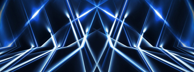 Abstract blue background with lines and rays of neon light. Reflection in space of symmetry. Abstract tunnel in motion.