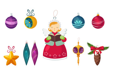 New Year traditional symbols collection, Christmas tree decorations, balls, star, icicles, angel decor vector Illustrations on a white background