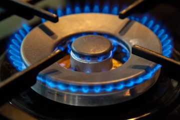 Blue flame of burning gas from the kitchen gas stove on a dark background.