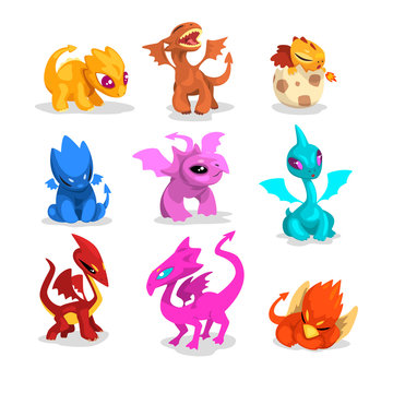 Set of colorful dragons in flat style. Cartoon characters of mythical monsters. Vector for mobile game, children book or t-shirt print