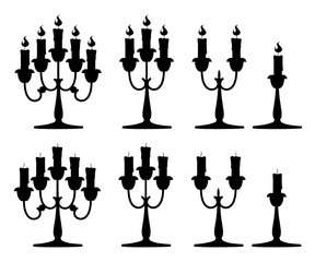 Black silhouette. Candles in candlesticks set. Silver candelabra with red burning candles. Flat vector illustration isolated on white background