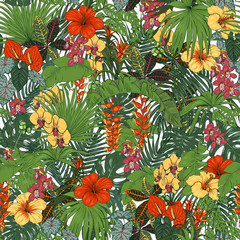 Tropical flowers and leaves seamless pattern