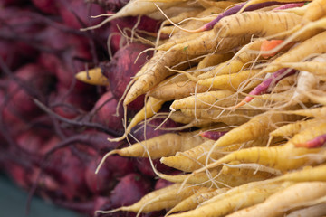Carrots stacked in a farmer's market food stall.