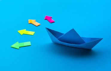 Business direction with boat paper and arrow on blue background.investment success concepts ideas.