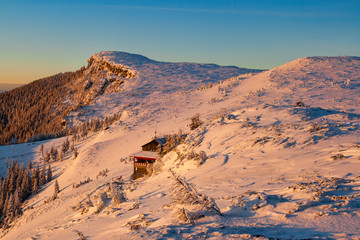 Winter sunrise landscape, colored snow