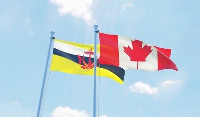 Canada and Brunei, two flags waving against blue sky. 3d image