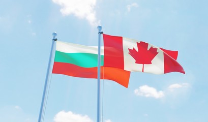 Canada and Bulgaria, two flags waving against blue sky. 3d image