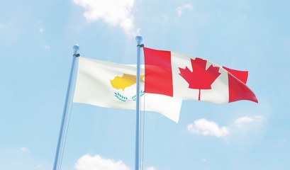 Canada and Cyprus, two flags waving against blue sky. 3d image