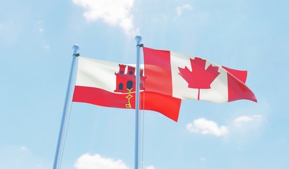 Canada and Gibraltar, two flags waving against blue sky. 3d image