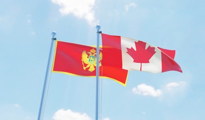 Canada and Montenegro, two flags waving against blue sky. 3d image