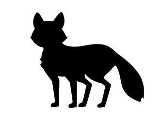 Black silhouette. Cute red fox is standing on four legs. Cartoon animal character design. Forest animal. Flat vector illustration isolated on white background