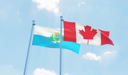 Canada and San Marino, two flags waving against blue sky. 3d image