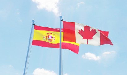 Canada and Spain, two flags waving against blue sky. 3d image